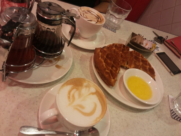 Coffee & waffles with syrups and butter. Enjoy!!
